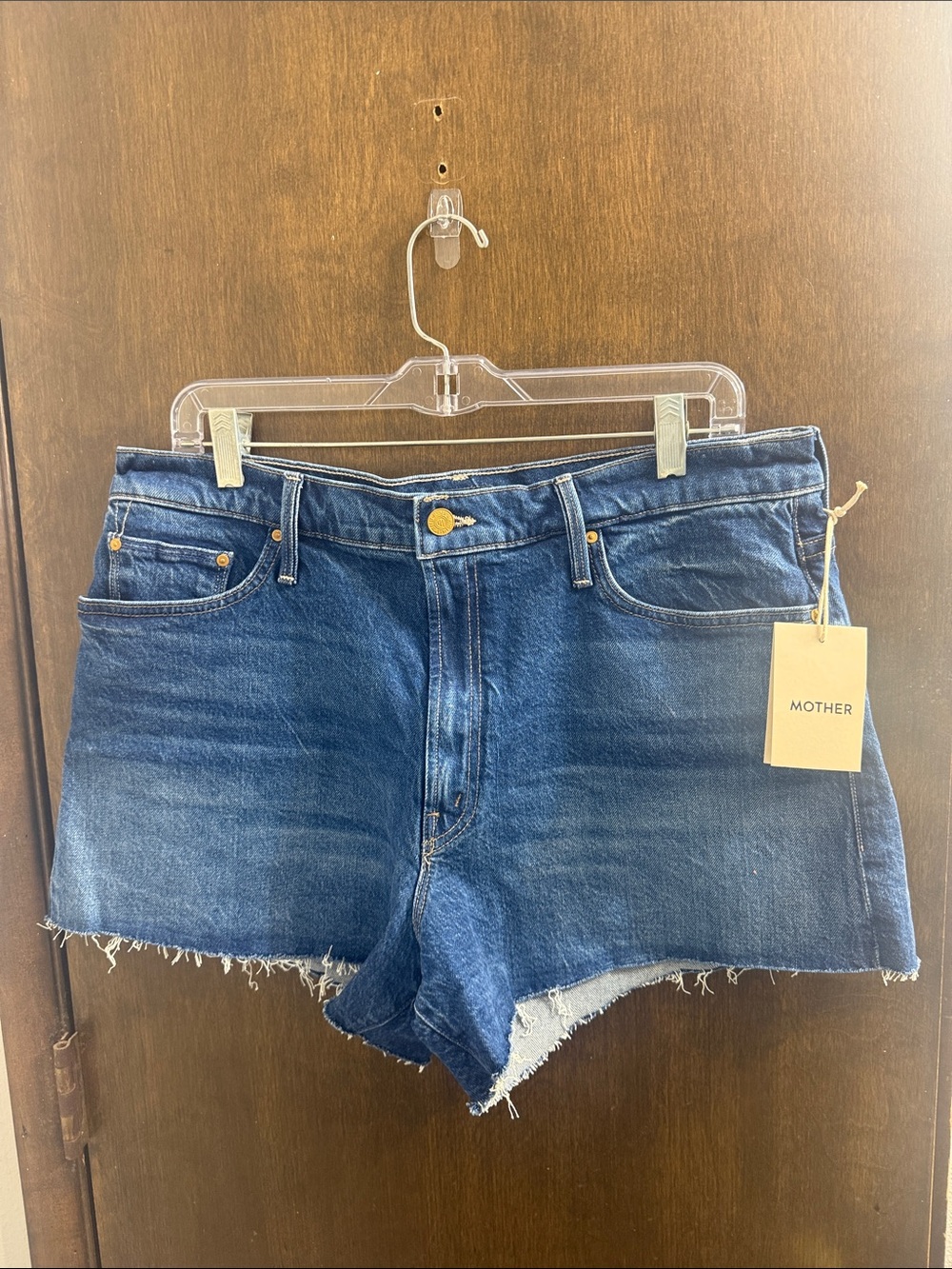 MOTHER Dark Blue High-Rise Raw Hem Denim Shorts